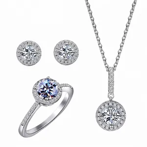 925 Sterling Silver Moissanite Zirconia Jewelry Set Round Halo Pendant Necklace Earrings Ring For Women Commuter Accessory