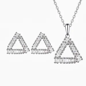 925 Sterling Silver Triangle Jewelry Set For Women Zirconia Inlaid Pendant Necklace And Stud Earrings For Wedding Party Jewelry