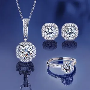 Parure de bijoux élégante en argent 925 avec moissanite collier boucles et bague