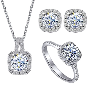 Sparkling S925 sterling silver moissanite jewelry set with halo square ring necklace and earrings