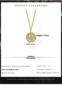 Detail showing S925 sterling silver smiley face necklace with 0.9cm diameter and dimensions