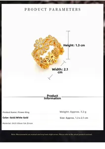 Macro detail of S925 silver daisy ring showing 5A zircon inlay and precise dimensions