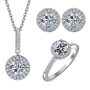 S925 sterling silver moissanite jewelry set including halo necklace earrings and ring