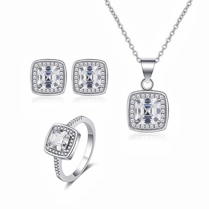Parure de bijoux en argent S925 avec collier boucles d'oreilles et bague zircon carré