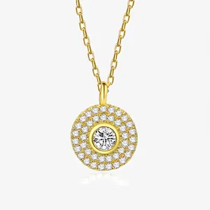 925 Sterling Silver Round Halo Pendant Necklace For Women Elegant Micro Pave Rhinestone Jewelry Fashion Accessories Gift