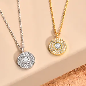 S925 sterling silver pave-set crystal round pendant necklaces in gold and silver