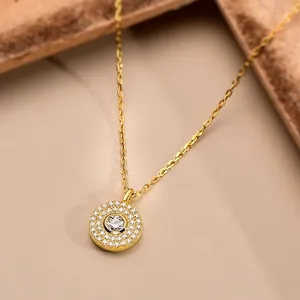 S925 sterling silver gold plated round pendant necklace with micro-pave cubic zirconia