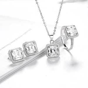 S925 sterling silver jewelry set featuring square-cut cubic zirconia necklace and rings