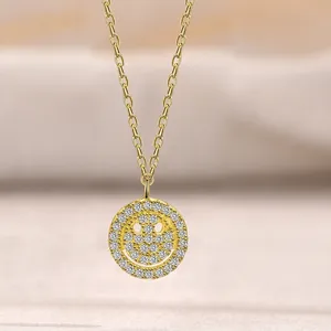 Elegant S925 sterling silver smile face necklace with sparkling pavé cubic zirconia