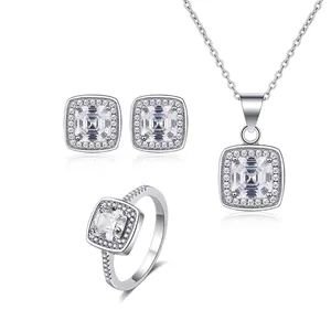Boucles d'Oreilles Clous en Argent Sterling 925 Zirconia Carré Géométrique Collier Bague Pour Femme Élégant Bijoux de Fête