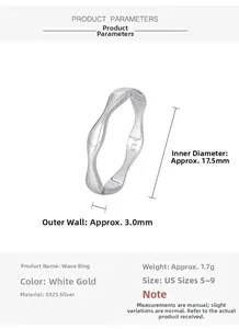 Détail de la bague vague en argent S925 montrant le diamètre intérieur de 17,5mm et l'épaisseur