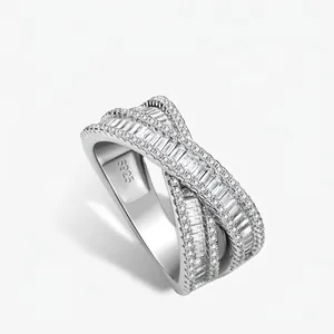 Anello in Argento Sterling S925 a Croce a Doppio Strato Con Strass Incastonati Anello Geometrico di Moda Per Donna Gioielli da Festa