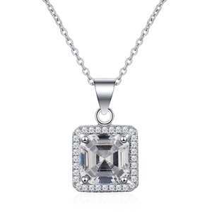 Macro shot of S925 sterling silver square pendant with emerald cut stone and 925 hallmark