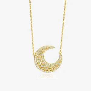 Collier Pendentif Lune en Argent Sterling S925 Chaîne de Clavicule avec Strass Ajouré Bijoux INS Minimalistes Élégants pour Femmes