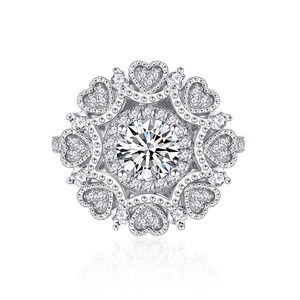 Bague exquise en argent sterling S925 avec motif floral et design ajouré en cœur