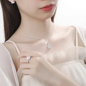 S925 Sterling silver jewelry set with square zircon necklace, ring and earrings