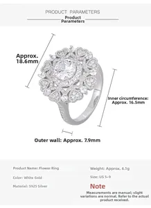 Spécifications de taille détaillées de la bague fleur en argent S925 plaqué platine