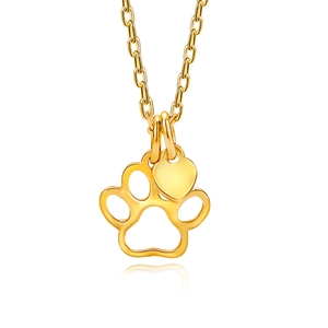 Cute S925 sterling silver hollow cat paw and heart pendant necklace in golden finish