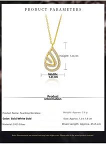Détail du collier goutte d'eau en argent S925 plaqué or avec zircone incrustée