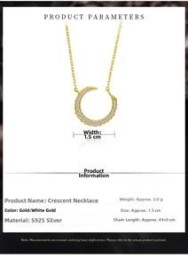 Collier lune en argent S925 serti de zircons blancs avec chaîne ajustable de 45+5 cm