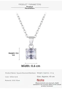 Detailed specs of the S925 sterling silver square zircon necklace and chain size