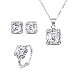 925 Sterling Silver Square Jewelry Set For Women Elegant Asscher Cut Rhinestone Pendant Necklace Halo Stud Earrings And Ring