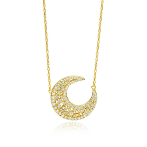 Élégant collier en argent sterling S925 plaqué or avec un croissant de lune pavé scintillant