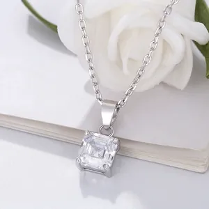 S925 sterling silver geometric square diamond pendant necklace for women elegantly displayed