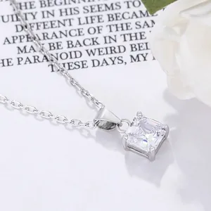 Elegant S925 sterling silver geometric necklace with square-cut cubic zirconia pendant