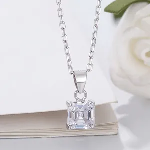 Elegant S925 sterling silver necklace with a square-cut solitaire diamond pendant