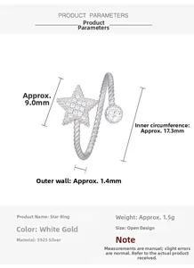 Technical sketch showing dimensions of a S925 sterling silver star ring with white zircons