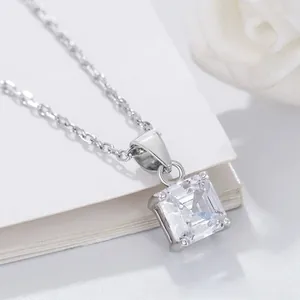 Macro shot of S925 sterling silver necklace with square cut zircon in 4-prong setting