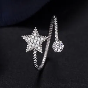 S925 sterling silver star ring with diamond accents and twisted rope band design