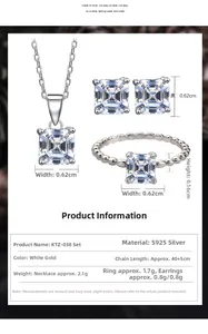 Macro view of S925 silver set showing square zircon dimensions for necklace and earrings