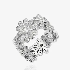 S925 Sterling Silver Daisy Flower Ring With Zirconia Pave For Women Elegant Botanical Finger Ring Fashion Jewelry Gift
