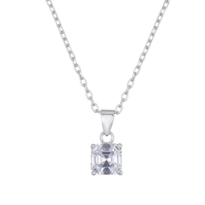 Macro view of square step-cut zircon pendant with four-prong setting on silver chain