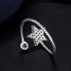 S925 sterling silver open ring with pavé star design and twisted rope band