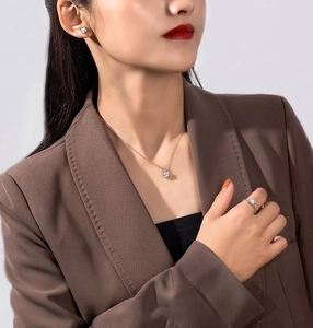 Detail view of model wearing S925 silver square zircon necklace, ring, and earrings set