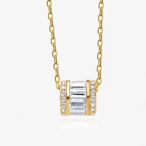 Collier Pendentif Cylindre en Argent Sterling 925 Minimaliste avec Strass Chaîne de Clavicule pour Femme Bijoux Géométriques