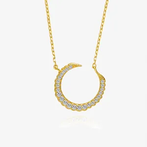 Collier Pendentif Croissant de Lune en Argent Sterling S925 Élégant Zirconia Micro Incrusté Ras du Cou Plaqué Or Argent Femme