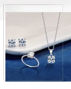 Detailed macro view of S925 silver square zircon necklace, ring, and earring jewelry set