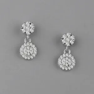 Elegant silver double circular drop earrings with sparkling pavé cubic zirconia