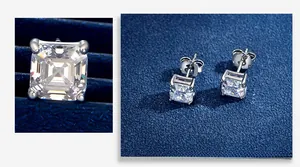 Detailed view of square cut cubic zirconia stud earrings with S925 silver butterfly backs