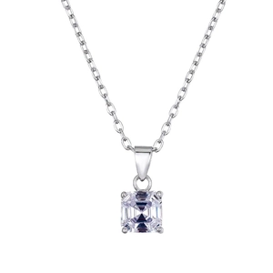 S925 sterling silver geometric necklace with square-cut diamond pendant and link chain