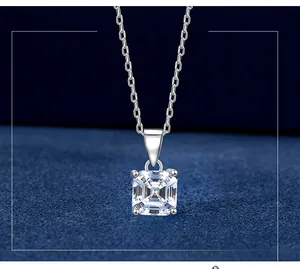 Detail of square-cut zircon pendant on S925 sterling silver chain with electroplating finish