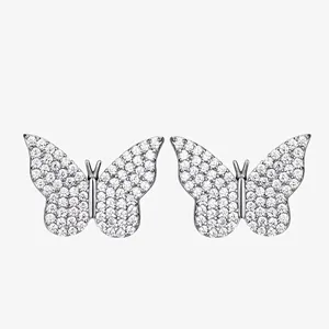 Boucles d'Oreilles Clous Papillon en Argent Sterling 925 Strass Étincelants Micro Incrustés Bijoux de Mode pour Femmes