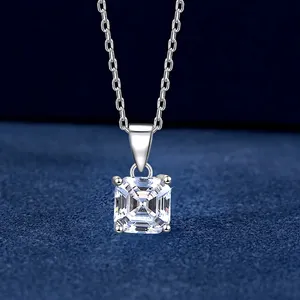 S925 sterling silver necklace with emerald cut clear zircon pendant on blue velvet