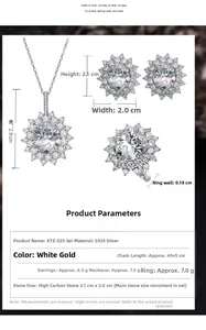 S925 silver bridal jewelry set featuring necklace earrings and ring dimensions