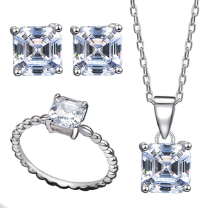 S925 sterling silver jewelry set with square zircon necklace earrings and beaded ring