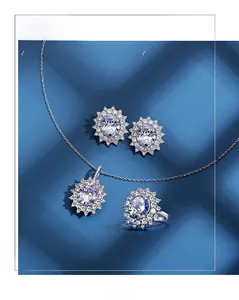 Macro detail of S925 sterling silver bridal jewelry set with oval stones and halo diamonds